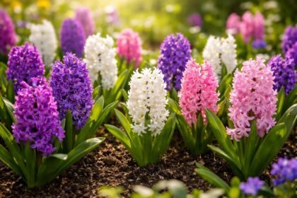 - Hyazinthen im Frühlingsgarten: duftend, farbenfroh, pflegeleicht, dicht blühender Teppich im Sonnenlicht.