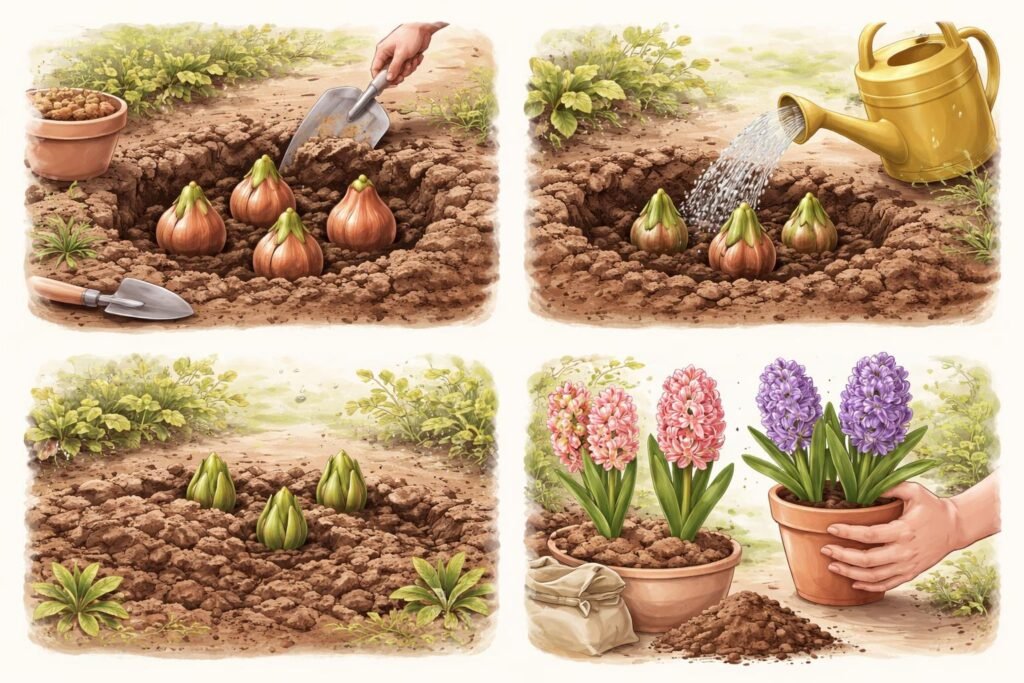 Hyazinthen pflanzen Schritt-für-Schritt-Anleitung: Boden, Töpfe, Abstand, Bewässerung, Pflege, ideale Standorte und Pflanzzeiten.