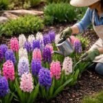 Hyazinthen im Frühlingsgarten, gepflegt durch Gießen, schneiden und überwintern, blühen.