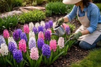 Hyazinthen im Frühlingsgarten, gepflegt durch Gießen, schneiden und überwintern, blühen.