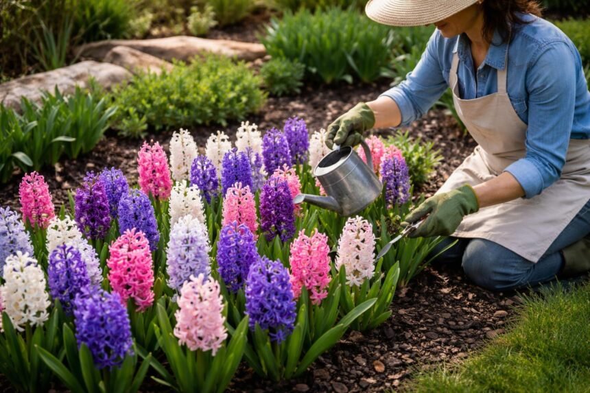 Hyazinthen im Frühlingsgarten, gepflegt durch Gießen, schneiden und überwintern, blühen.