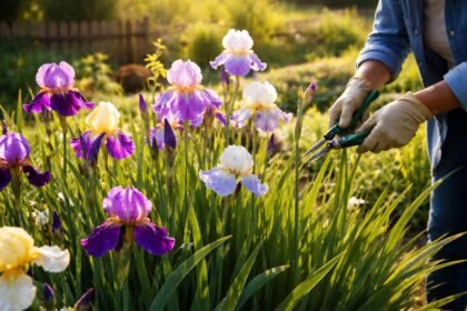 Nahaufnahme einer Irisblüte im Garten, sanfte Farben und Gräser im Hintergrund