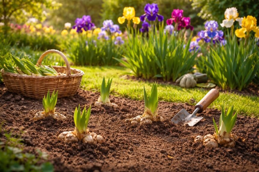 - Bild zeigt Iris-Pflanzen im Beet, Zeitpunkt, Standort und Pflanztechnik beachten.