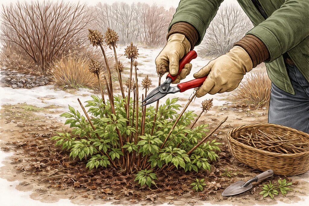 Jakobsleiter: Pflanzen, Schneiden & Winterhärte Jakobsleiter beim Schneiden, zeitnaher Eingriff, präzise Triebe kürzen, Gartenschnitte demonstrieren