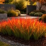 Flammend rote Blattspitzen, Imperata cylindrica Red Baron im Beet, pflegeleicht.