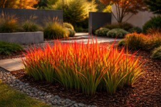 Flammend rote Blattspitzen, Imperata cylindrica Red Baron im Beet, pflegeleicht.