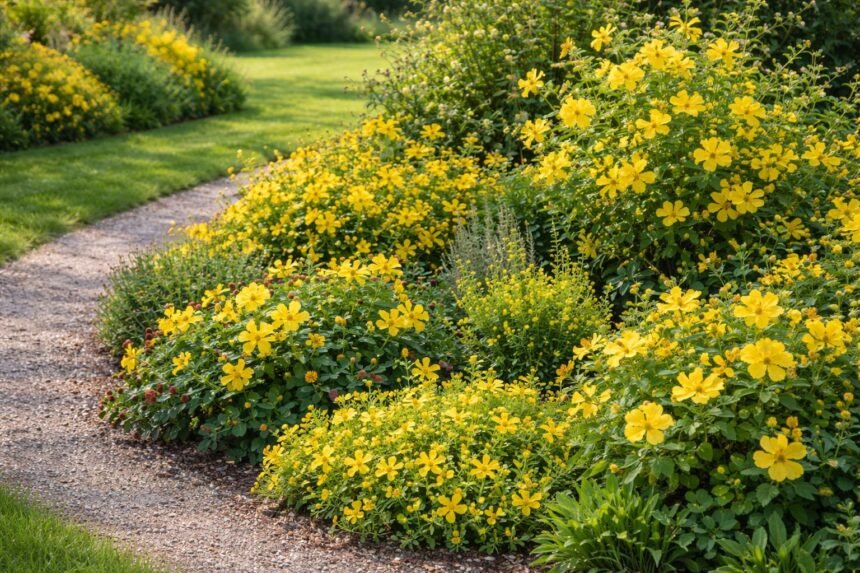 Übersichtliche Bilddarstellung verschiedener Johanniskraut-Arten in sonnigem Beetgarten mit blühenden Kübeln und Gartenpfaden