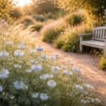 Zarte Nigella damascena im Gartenbeet, feine Blüten, filigranes Laub, romantisch.