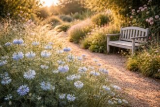 Zarte Nigella damascena im Gartenbeet, feine Blüten, filigranes Laub, romantisch.