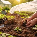 Jungpflanzen im Frühling stehen bereit, ins Freiland umzuziehen; Risiken wie Spätfröste beachten.