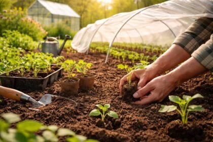 Jungpflanzen im Frühling stehen bereit, ins Freiland umzuziehen; Risiken wie Spätfröste beachten.