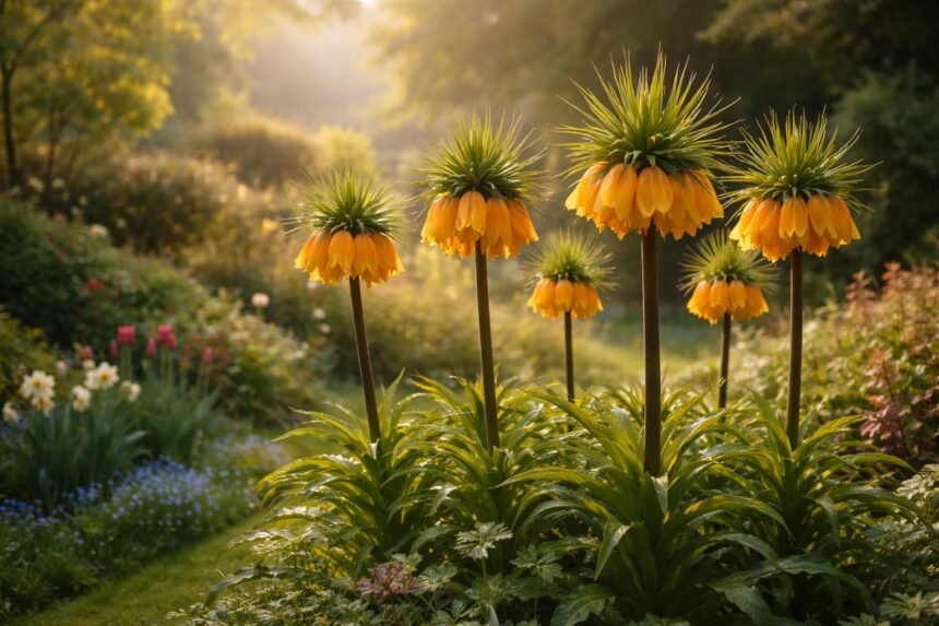 Majestätische Kaiserkrone im Frühling, hohe Stiele, glockenförmige Blüten, exotisch elegant.