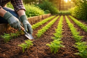 Gleichmäßige Karottenkultur im Garten, sorgfältige Saat, kräftiges Laub, ertragreiche Wurzeln