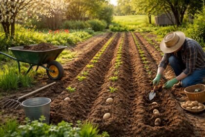 - Junge Kartoffeln wachsen unter Erde, grüne Blätter rhythmisch im sonnigen Beet dicht.