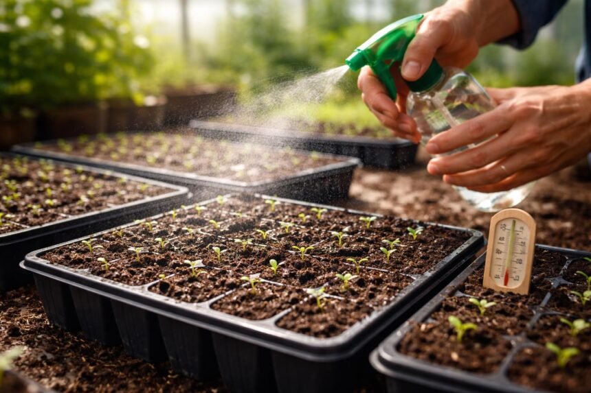 Nahaufnahme von Samen, Erde und einer Sprühflasche im Garten für Keimversuche