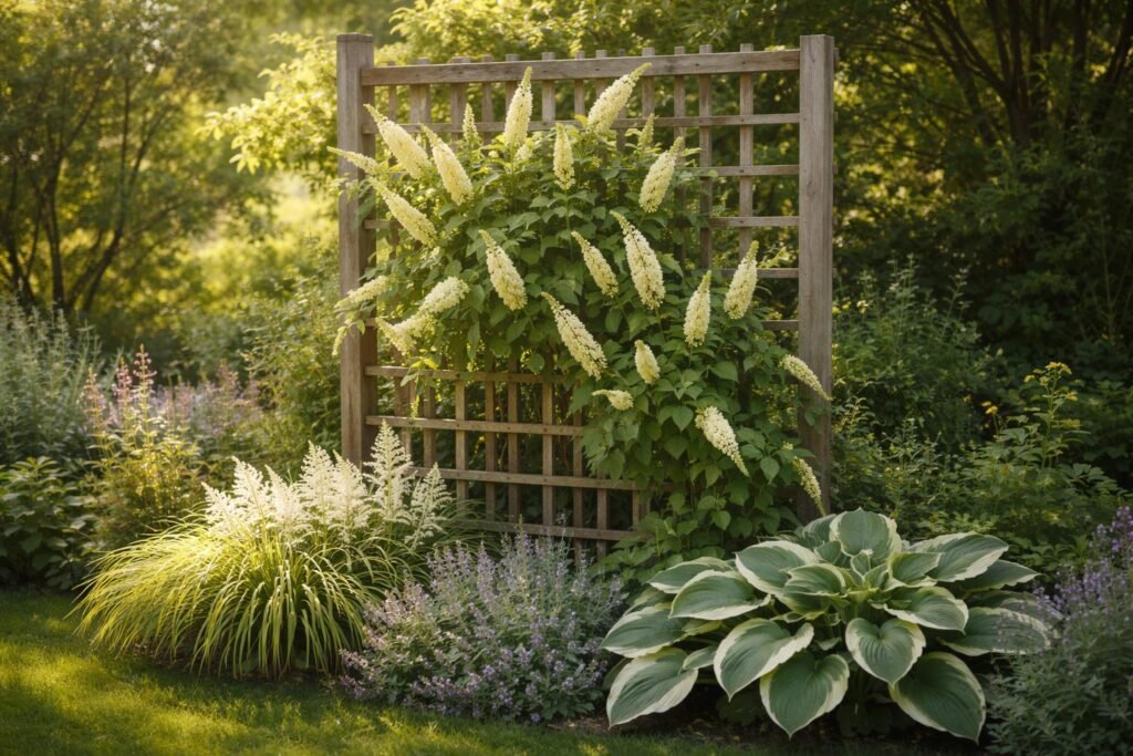 - Kerzenknöterich im Garten mit leuchtenden Blüten, Rankhilfe, Begleitstauden und Sonnenlicht.