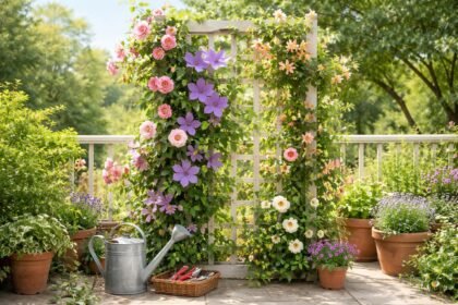 Junge Kletterpflanzen klettern am Zaun, frisches Grün sprießt im Frühling