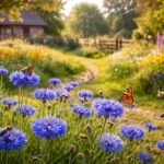 Blaue Kornblume im Duft von Lavendel und frischem Gartenboden vor grünem Beetrand