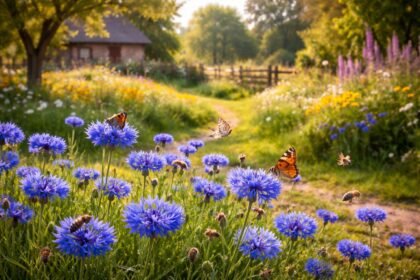 Blaue Kornblume im Duft von Lavendel und frischem Gartenboden vor grünem Beetrand