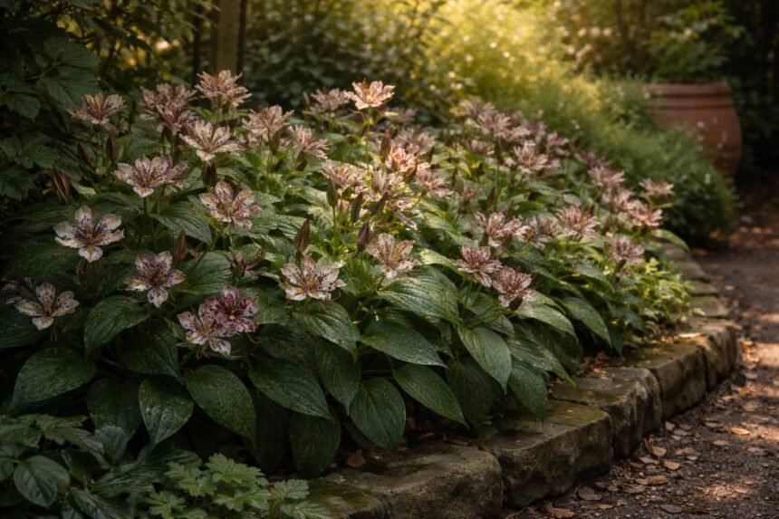 Exotisch gefleckte Krötenlilie (Tricyrtis) im Halbschatten, pflegeleicht, robust und attraktiv.