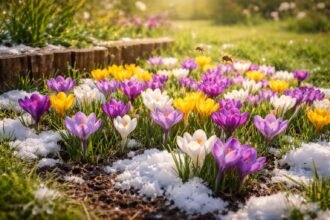 • Früh blühende Krokusse leuchten im Spätwinter, locken Bienen ins Beet.
