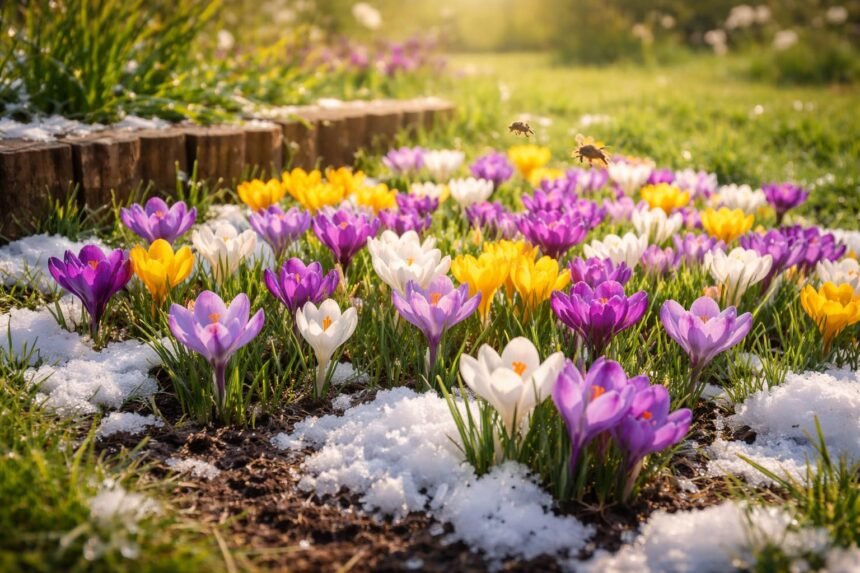 • Früh blühende Krokusse leuchten im Spätwinter, locken Bienen ins Beet.