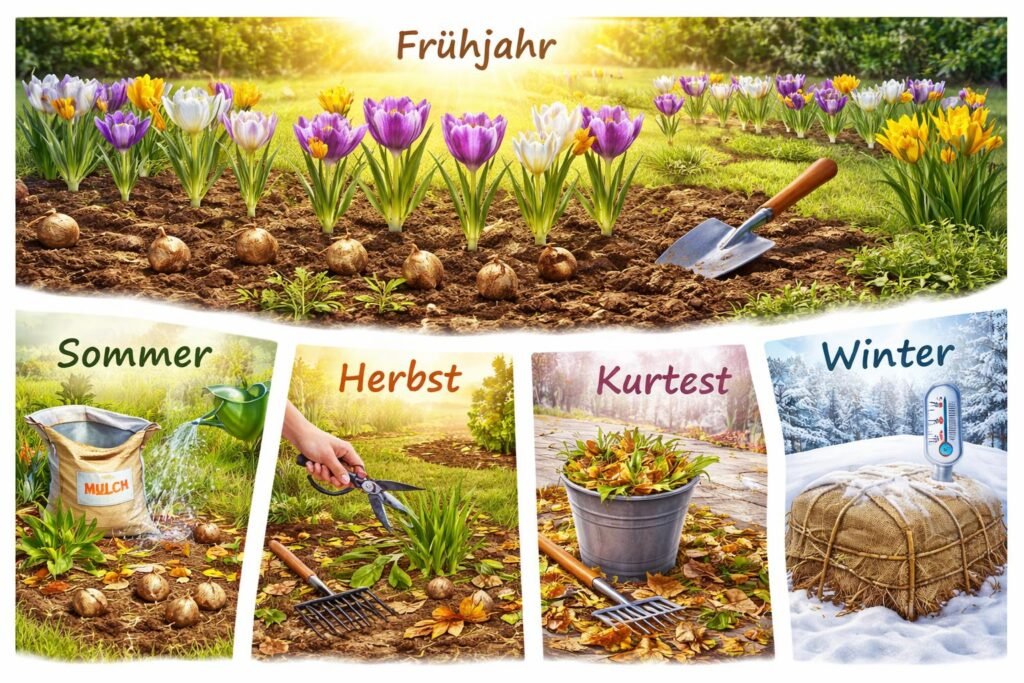 Krokusse blühen in einer bunten Frühlingswiese, sorgfältig gesetzt und gepflegt.