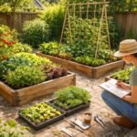 Küchengarten-Planung für Anfänger mit übersichtlichem Beet, Planungsnotizen, Saatgut und Werkzeugen.