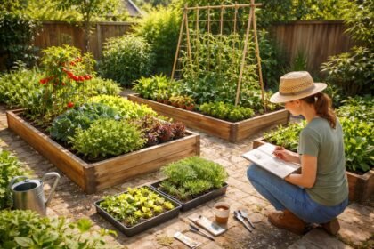 Küchengarten-Planung für Anfänger mit übersichtlichem Beet, Planungsnotizen, Saatgut und Werkzeugen.