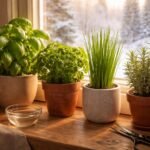 Frische Küchenkräuter im Winter, Basilikum, Petersilie, Schnittlauch im Topf bleiben länger frisch