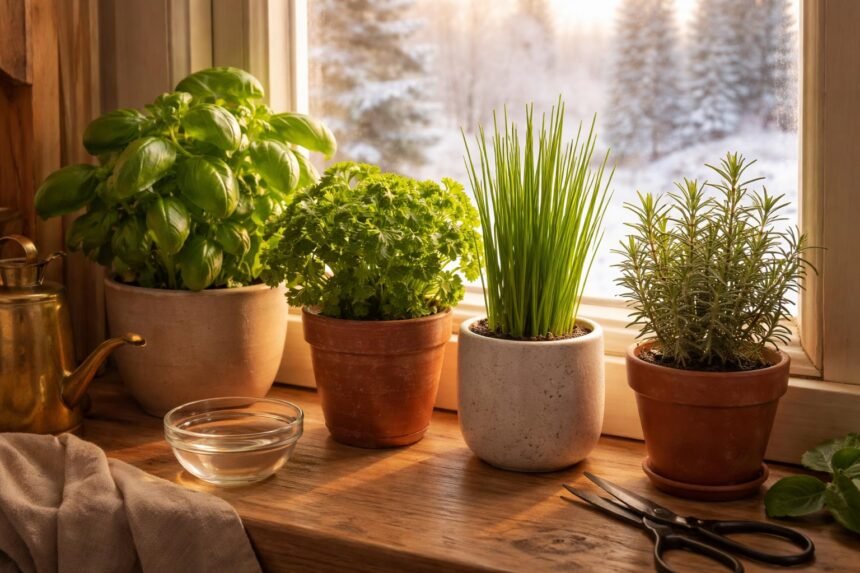 Frische Küchenkräuter im Winter, Basilikum, Petersilie, Schnittlauch im Topf bleiben länger frisch