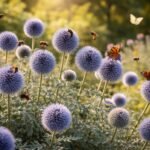 • Kugeldistel mit stahlblauen Blütenbällen schwebt über dem Beet, von Bienen umschwärmt.
