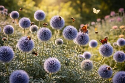 • Kugeldistel mit stahlblauen Blütenbällen schwebt über dem Beet, von Bienen umschwärmt.