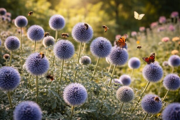 • Kugeldistel mit stahlblauen Blütenbällen schwebt über dem Beet, von Bienen umschwärmt.