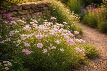 Kuhnelke mit zarten Blüten in buntem Staudenbeet unter Sonnenlicht und Duft von Nelken