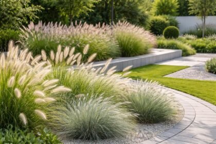 Lampenputzergras-Panicles wehen sanft im Wind; pflegeleicht; elegante Beetakzente; moderne und naturnahe Gärten