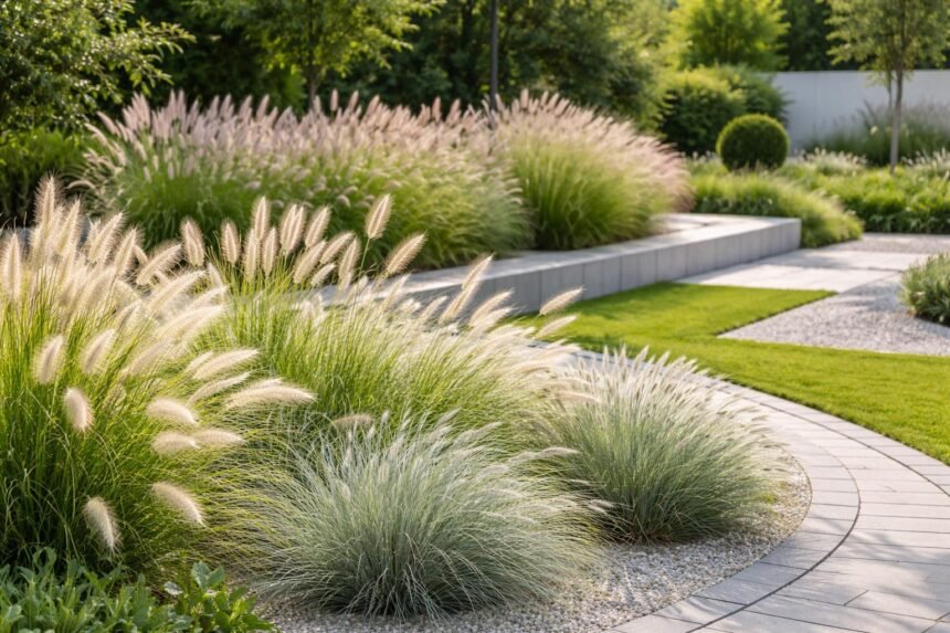 Lampenputzergras-Panicles wehen sanft im Wind; pflegeleicht; elegante Beetakzente; moderne und naturnahe Gärten