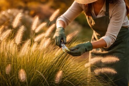 Lampenputzergras im Garten, frisch gestutzt, flauschige Ähren im sanften Wind, Herbstlicht.