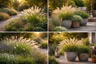 Lampenputzergras im Beet mit weichen Blütenständen, im Sonnenlicht prachtvoll und sanft im Wind.