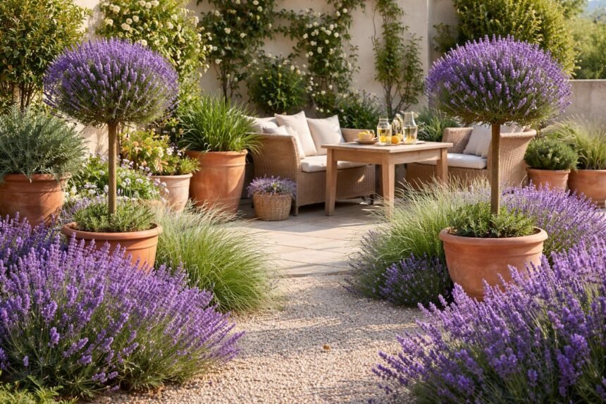 Lavendel-Baum im Beet dekorativ, mediterran, pflegeleicht; Bienenweide, Duft, Sichtschutz, Balkonfreundlich.