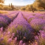 Leuchtende Lavendelblüten im sonnigen Garten, summende Bienen und Schmetterlinge unter blauem Himmel.