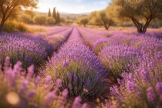 Leuchtende Lavendelblüten im sonnigen Garten, summende Bienen und Schmetterlinge unter blauem Himmel.
