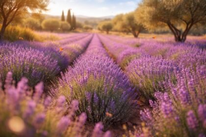 Leuchtende Lavendelblüten im sonnigen Garten, summende Bienen und Schmetterlinge unter blauem Himmel.