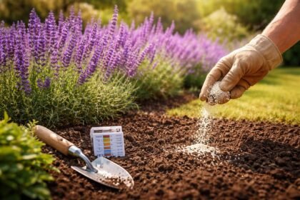 Lavendel im sonnigen Garten, Bodenpflege mit Dünger und Kalk für prächtige Blüte