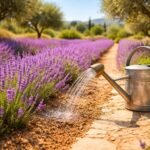 Violetter Lavendel im Garten, Gießkanne daneben, Sonne, mediterranes Flair, Duft