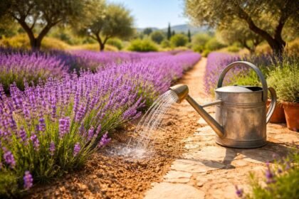 Violetter Lavendel im Garten, Gießkanne daneben, Sonne, mediterranes Flair, Duft