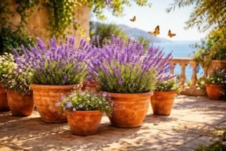 - Duftender Lavendel im Topf verschönert Terrasse und Balkon sichtbar mit aromatischem Sommerduft.
