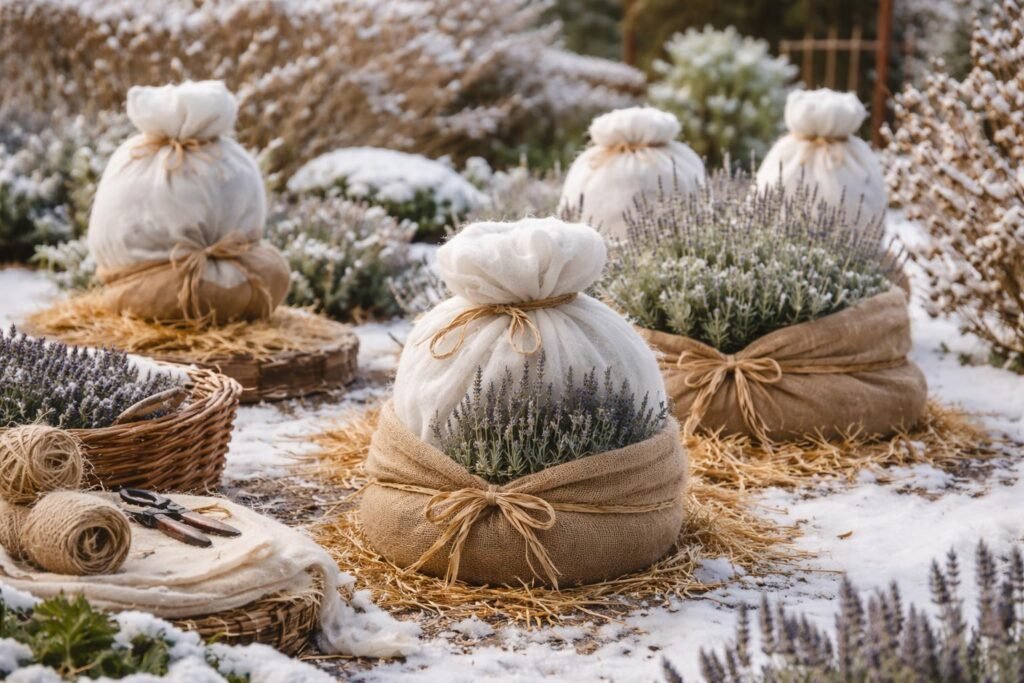 - Lavendel wird sorgfältig eingepackt; Schutz vor Frost und Nässe im Winter.