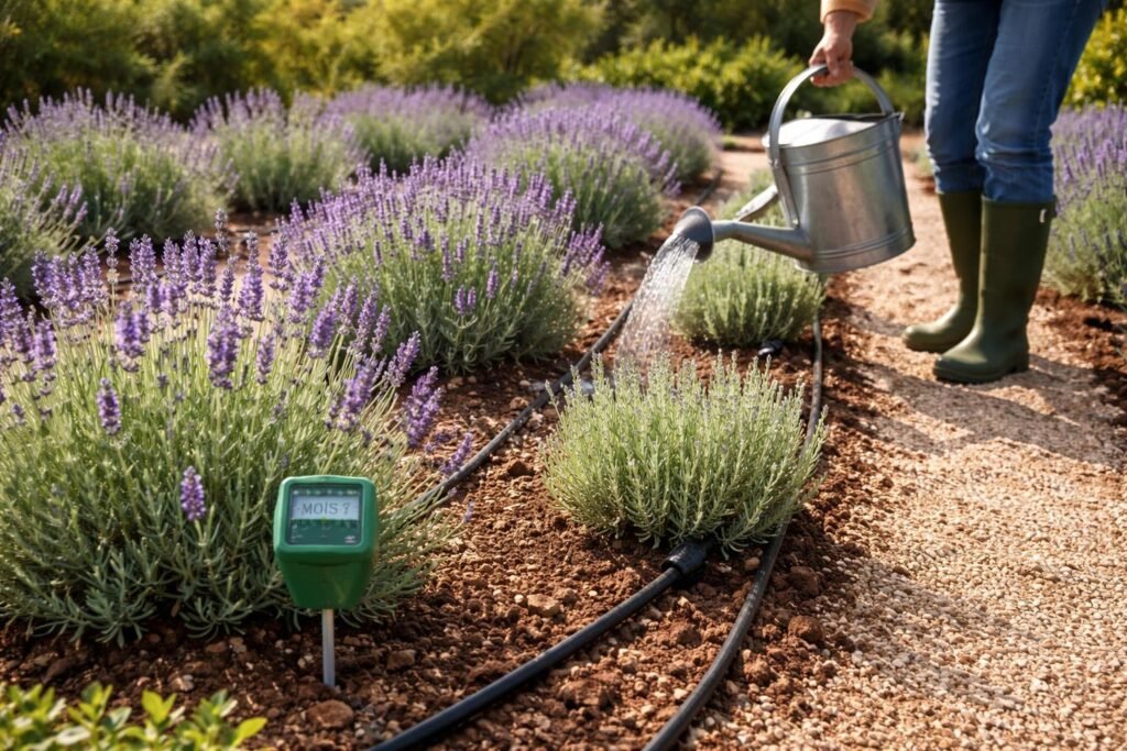 Lavendel gießen, Staunässe vermeiden, Boden locker halten, Beete schützen, Mulch verwenden