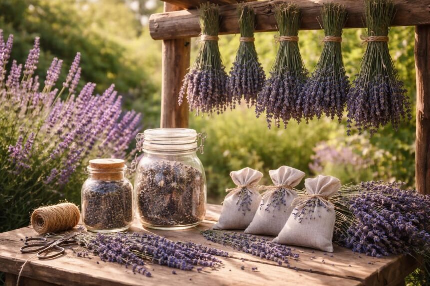 - Lavendel trocknet im Garten; Duft, Farbe und Öle bleiben erhalten